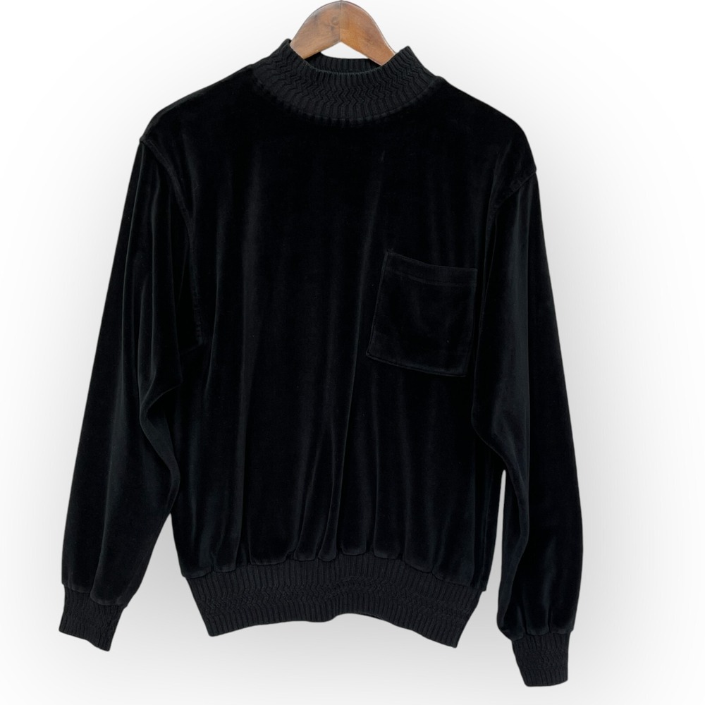 Lizsport Velour Sweatshirt Women Medium Black Mock Neck Pocket Vintage Excellent